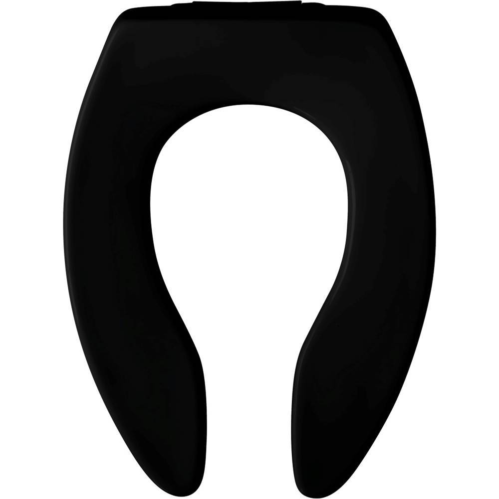 Bemis Elongated Open Front Less Cover Commercial Plastic Toilet Seat in Black with STA-TITE Commercial Fastening System Self-Sustaining Check Hinge