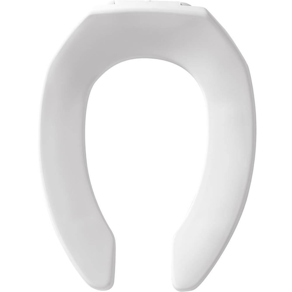 Bemis Elongated Open Front Less Cover Commercial Plastic Toilet Seat in White with STA-TITE Commercial Fastening System Check Hinge, DuraGuard and FirePro
