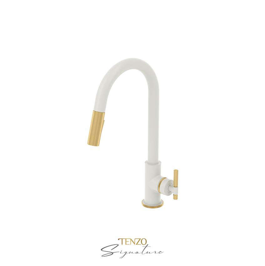 Tenzo Single-handle kitchen faucet Bellacio with pull-down & 2-Function hand shower matte white / brushed gold