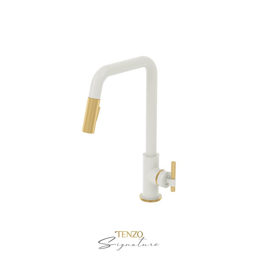 Tenzo Single-handle kitchen faucet Bellacio with pull-down & 2-Function hand shower matte white / brushed gold