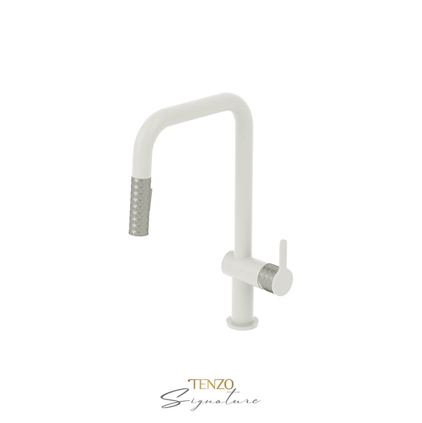 Tenzo Single-handle kitchen faucet Calozy with pull-down & 2-Function hand shower matte white / stainless steel